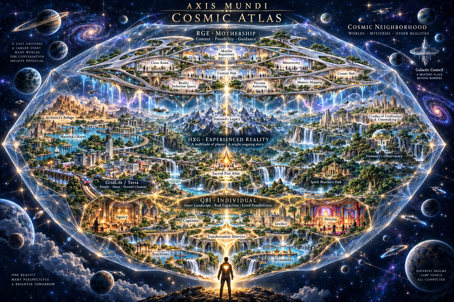 Axis Mundi Cosmic Atlas connecting a person's inner capacities, inhabited worlds and wider possibilities.