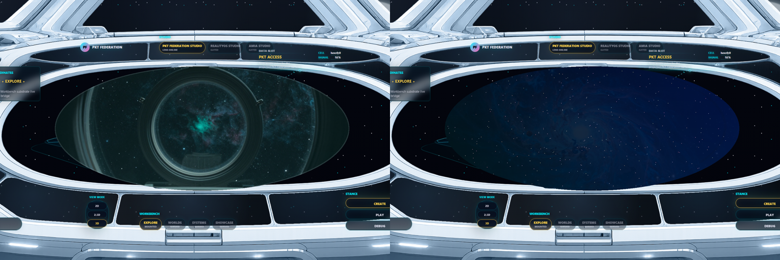 Two PKT reference cockpit views comparing the accepted central-surface proof and a generated starfield result.