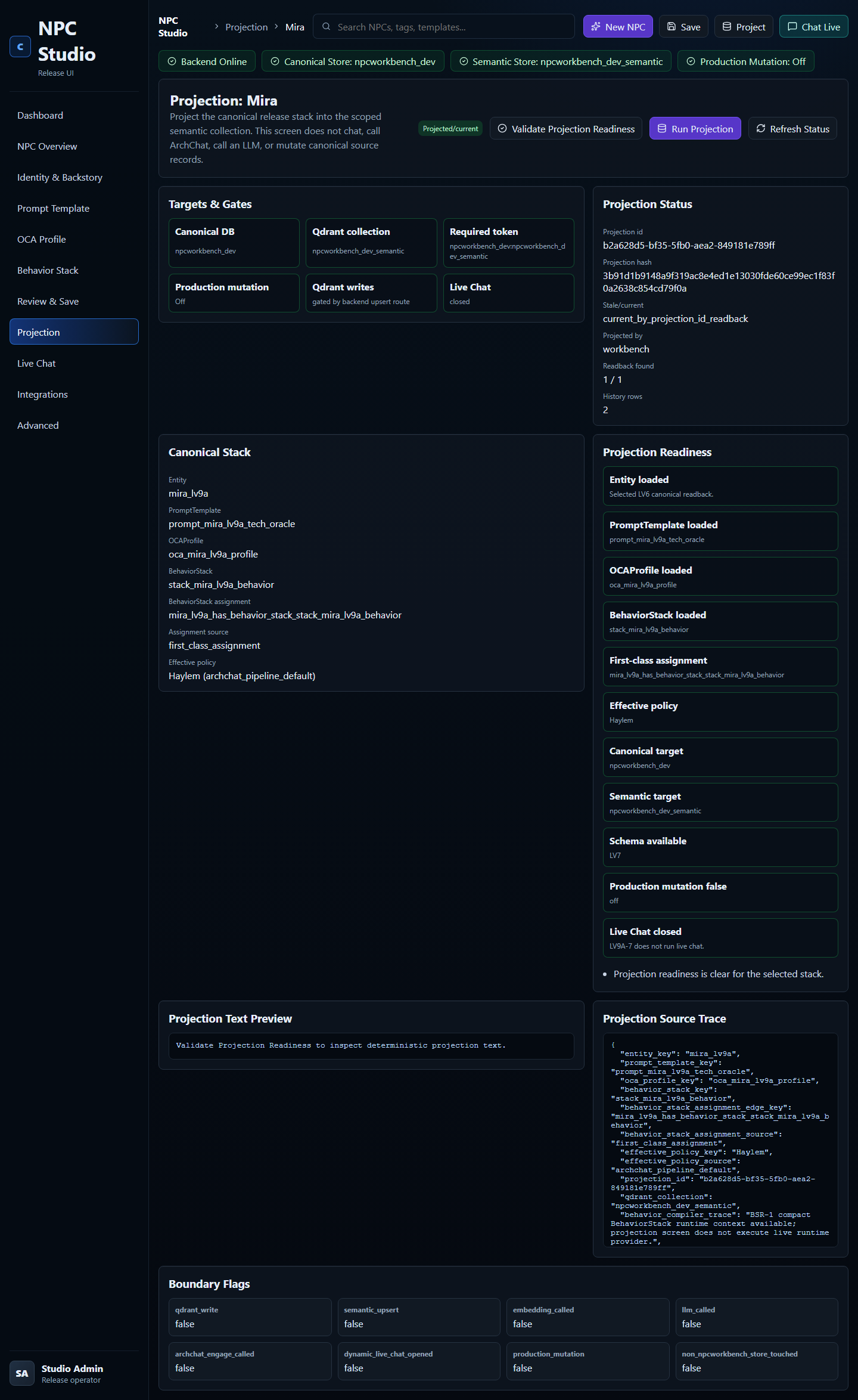 NPC Studio’s Mira projection with character stack, development-store readback and readiness checks.
