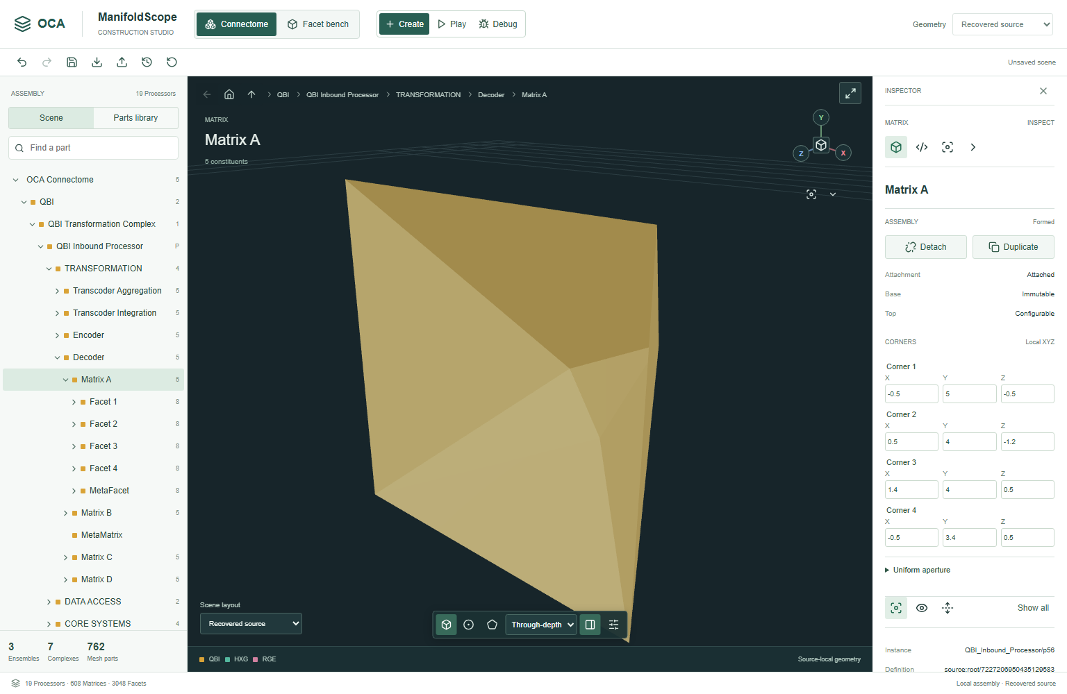 Large asymmetric gold Matrix aperture beside four sets of editable corner coordinates and its assembly hierarchy.