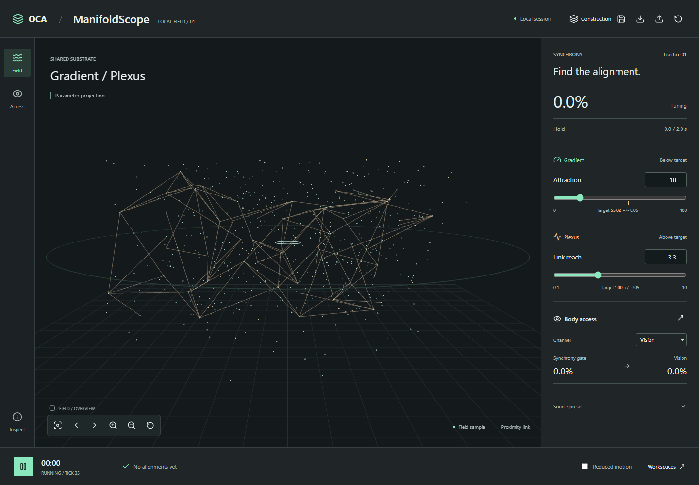ManifoldScope particle field and proximity links beside attraction and link-reach controls.