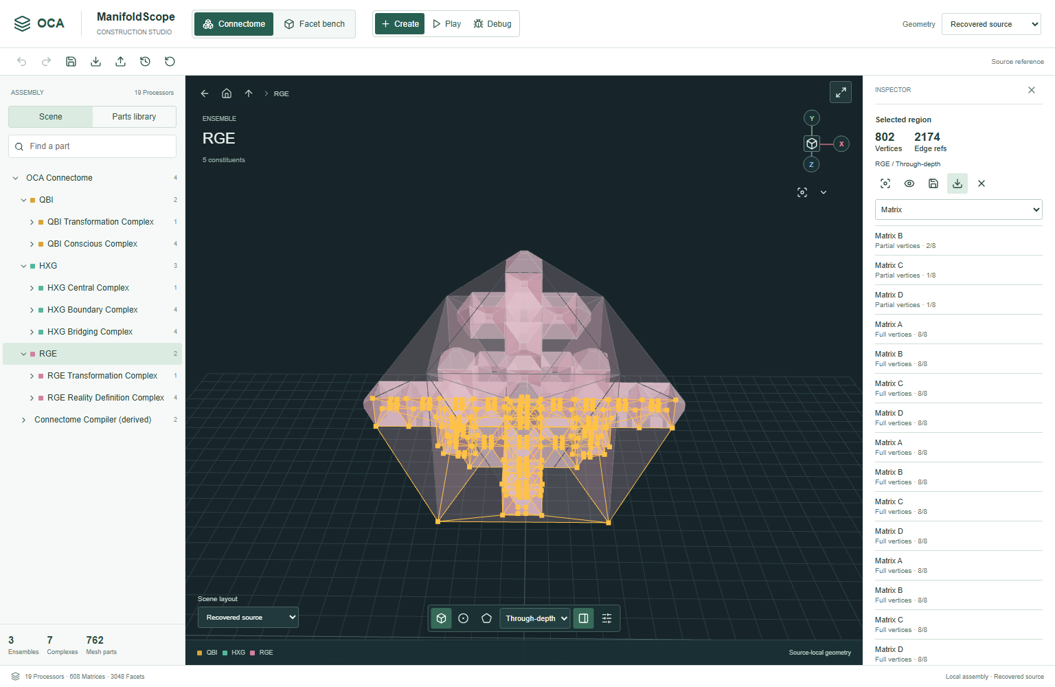 RGE ensemble with yellow selected interior vertices and a sidebar listing Matrix contributors.