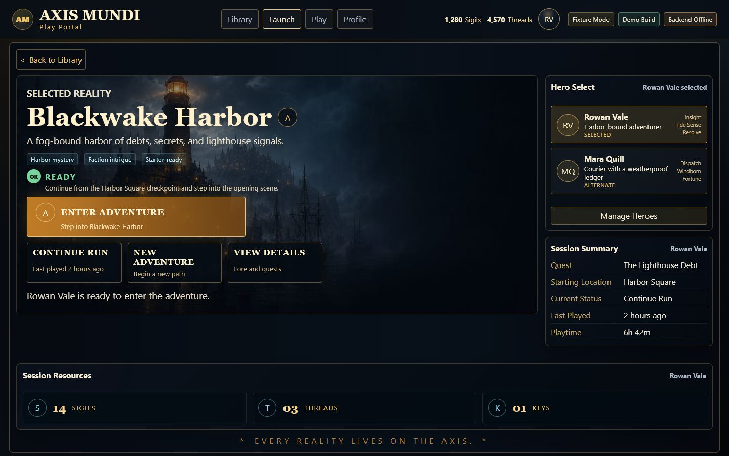 Blackwake Harbor launch screen with Rowan Vale selected, alternate hero and session summary.