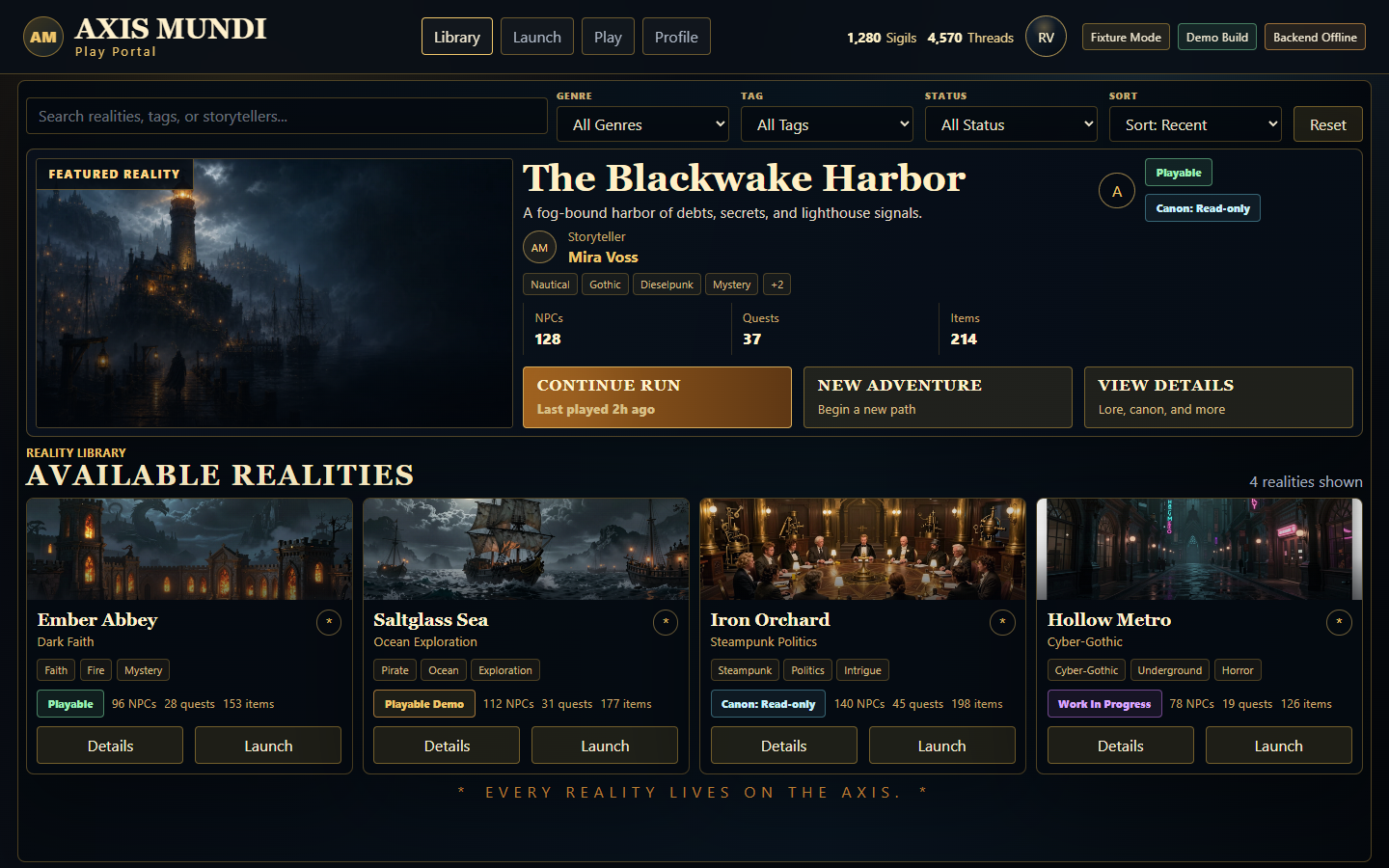 Axis Mundi PlayPortal library with Blackwake Harbor, Ember Abbey, Saltglass Sea, Iron Orchard and Hollow Metro.