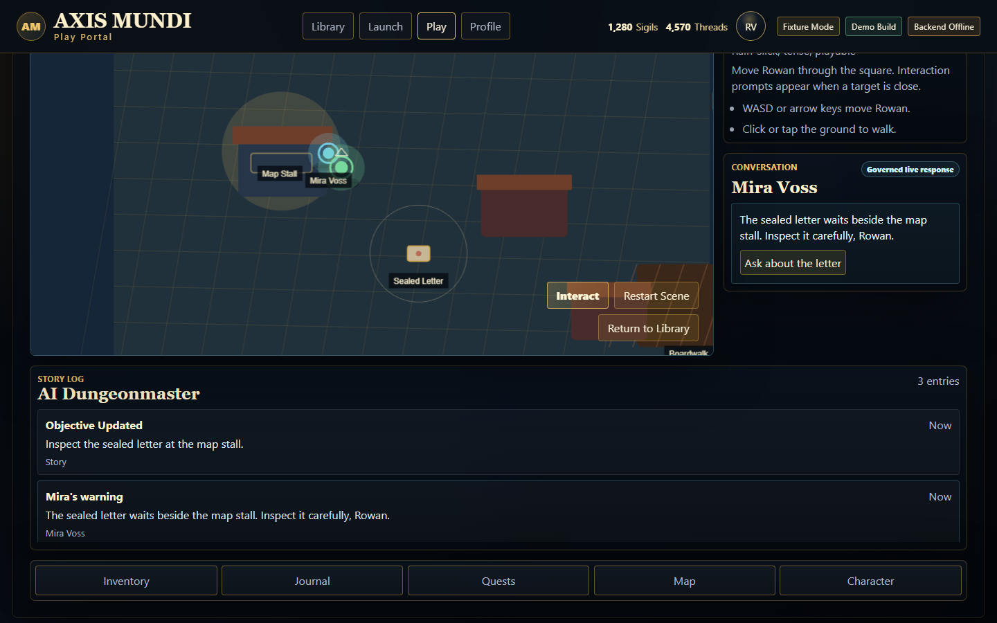 Playable harbor prototype with Mira Voss, a sealed letter, conversation and updated objective in the story log.