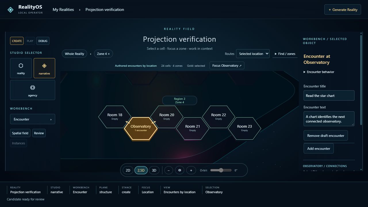 RealityOS focused Observatory cell with Narrative Studio selected and an editable star-chart encounter.