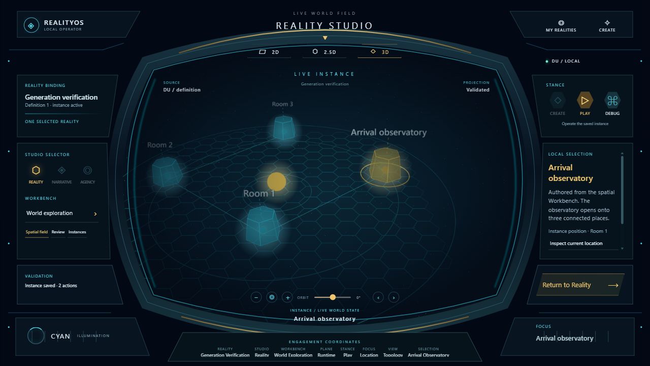 RealityOS Play stance showing a resumed instance, saved actions and Arrival observatory selected.