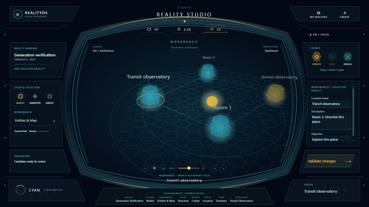 RealityOS immersive Reality Studio with four projected rooms, Transit observatory selected and editable location fields.