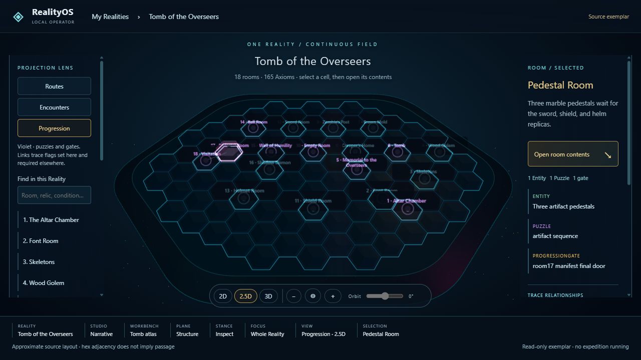 Tomb of the Overseers atlas with 18 rooms and Pedestal Room's entity, puzzle and progression gate.