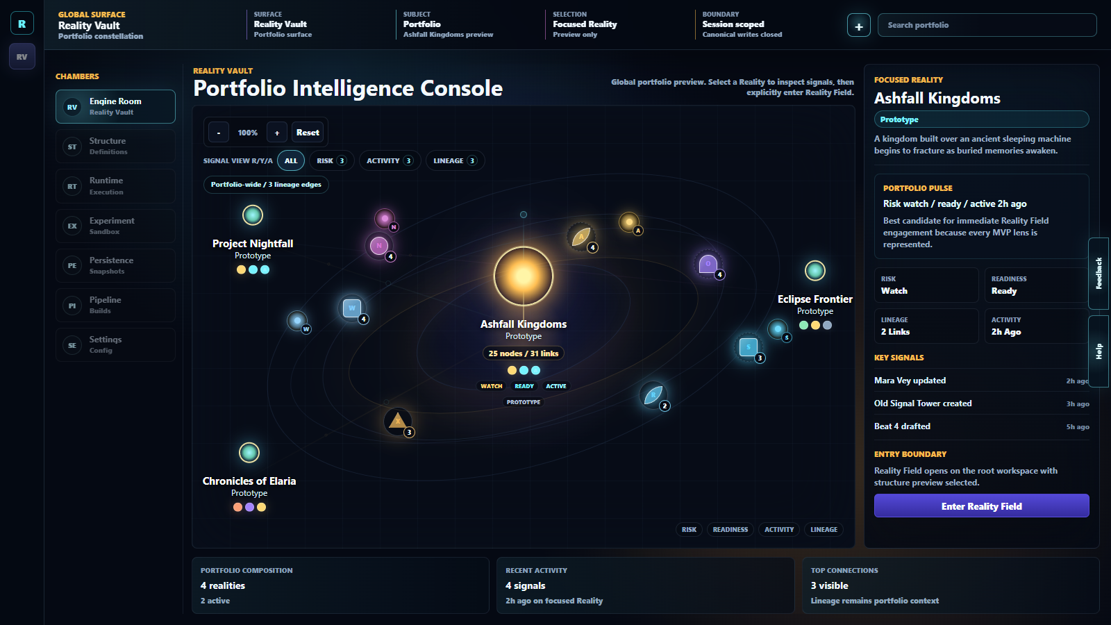 Reality Vault constellation console with Ashfall Kingdoms selected and other worlds arranged as satellite systems.